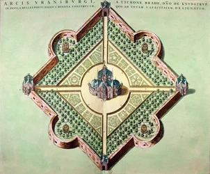 Uraniborgin linnan ja observatorion suunnitelma, jonka rakensi noin 1584 Tycho Brahe (1546-1601) Hvenin saarelle Tanskassa Le Theater du Mondesta tai Nouvel Atlasista, julkaistu Amsterdamissa, 1645